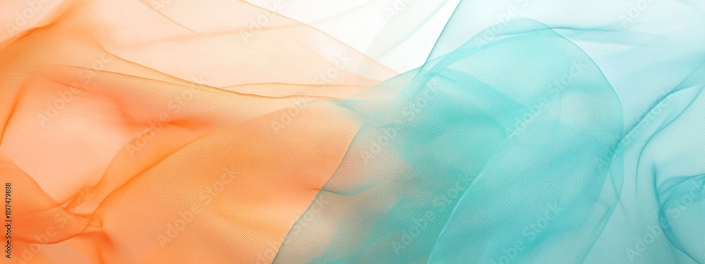 Poster translucent fabric drapery in orange and turquoise colors with soft flow and gradients copy space fo