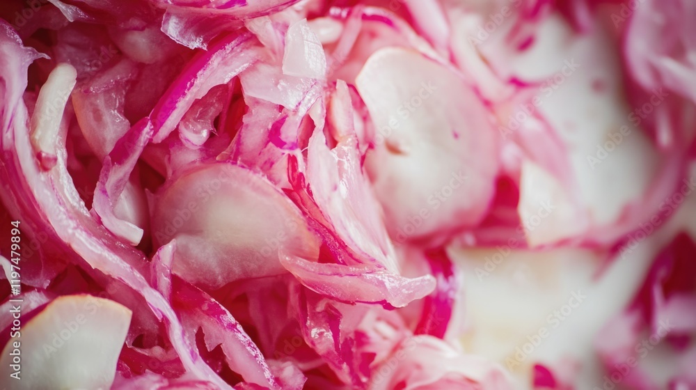 Poster vibrant close-up of thinly sliced pickled red onions on a light background with copy space for text 