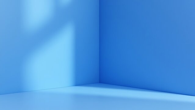 Interior corner wall room blue 3d background of abstract window light stage scene or empty product studio showroom display and blank presentation podium pedestal platform perspective table backdrop.