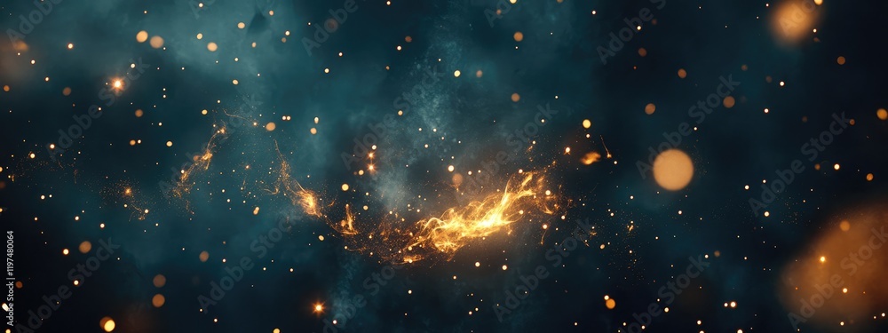 Poster colorful abstract cosmic background with swirling gas and glowing particles in deep space copy space