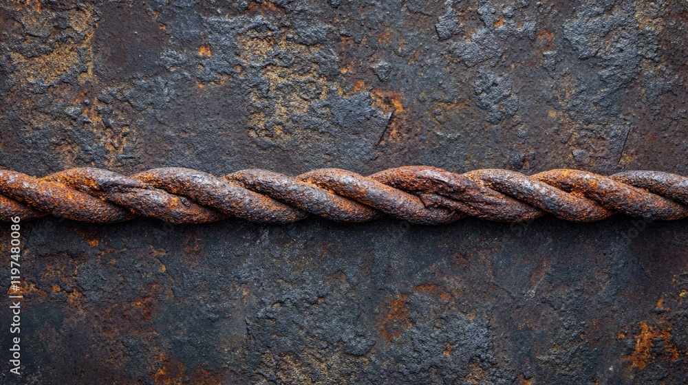 Poster rusty twisted metal cable on a weathered textured surface with orange and brown tones and copy space