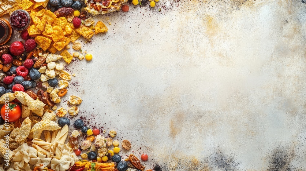 Poster colorful assortment of snacks and fruits arranged on a textured surface with ample copy space for te
