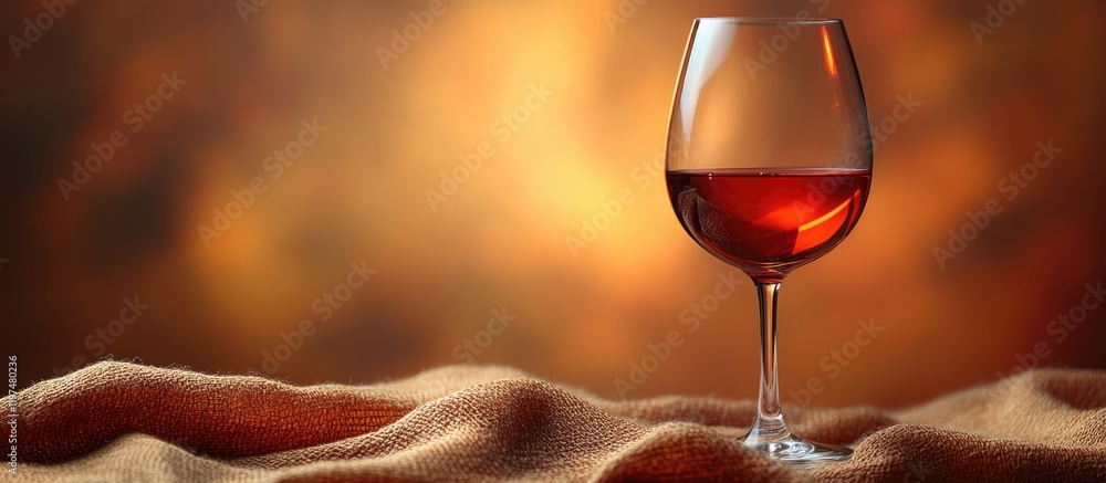 Poster elegant wine glass filled with red wine on textured fabric background with warm tones and copy space
