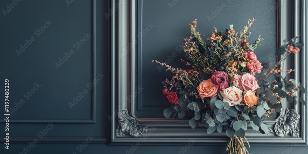 Poster bouquet of assorted roses and greenery displayed in ornate frame against dark wall with copy space f