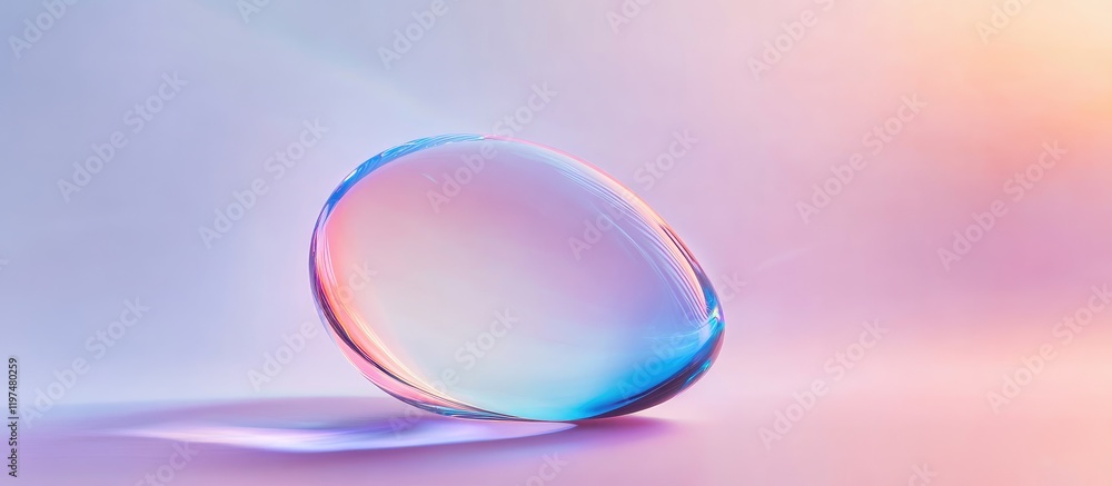 Poster translucent glass orb with colorful iridescent reflections on a soft gradient background, copy space
