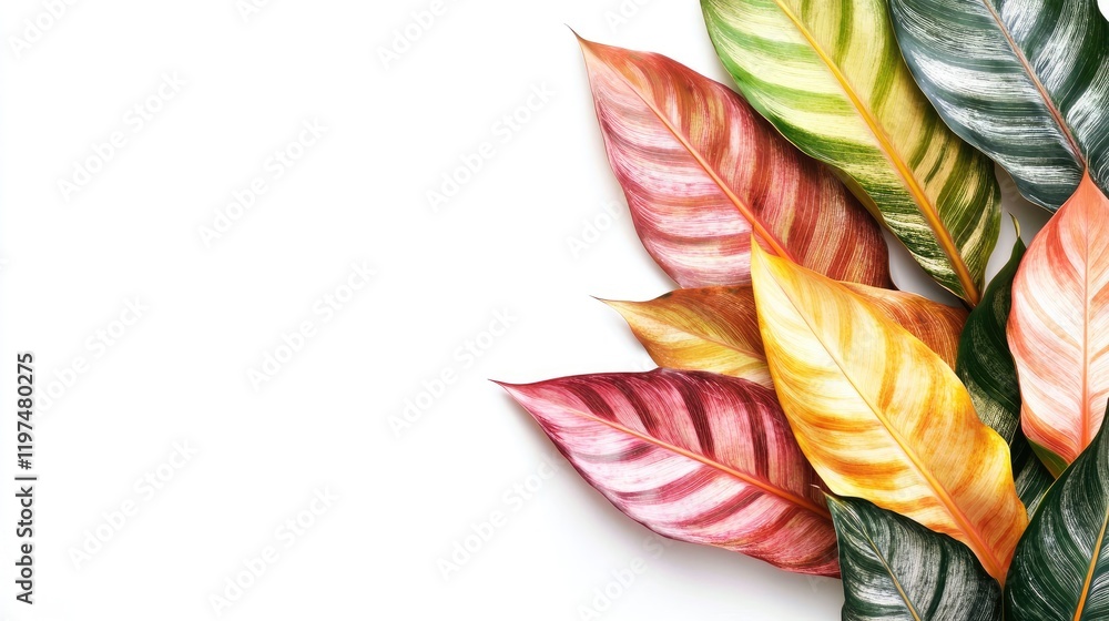 Poster colorful tropical leaves arranged on a white background with ample copy space for text and design el