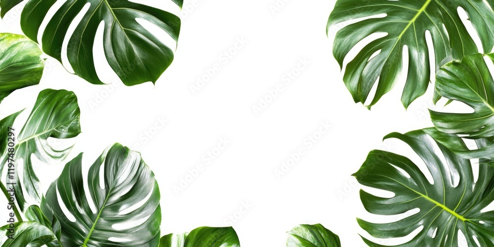 Poster monstera leaves border frame on white background with copy space for text or design elements