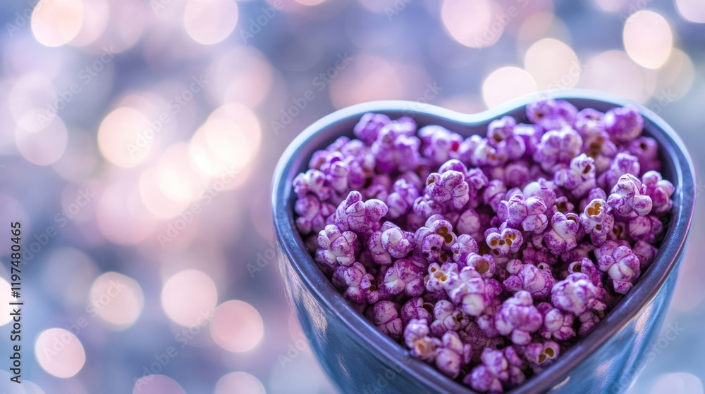 Poster Heart-shaped bowl filled with purple popcorn surrounded by a blurred bokeh background with Copy Space for text placement.