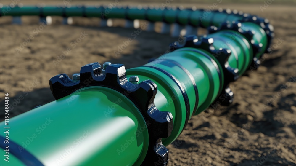 Poster close-up of green industrial pipe in curved arrangement on soil with copy space for text placement. 