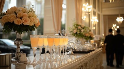 Elegant Floral Reception with Crystal Glasses and Warm Ambiance