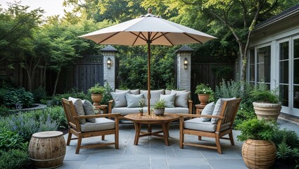 Beautifully Designed Serene Garden Patio Featuring Elegant Wooden Furniture Surrounded by Lush Greenery