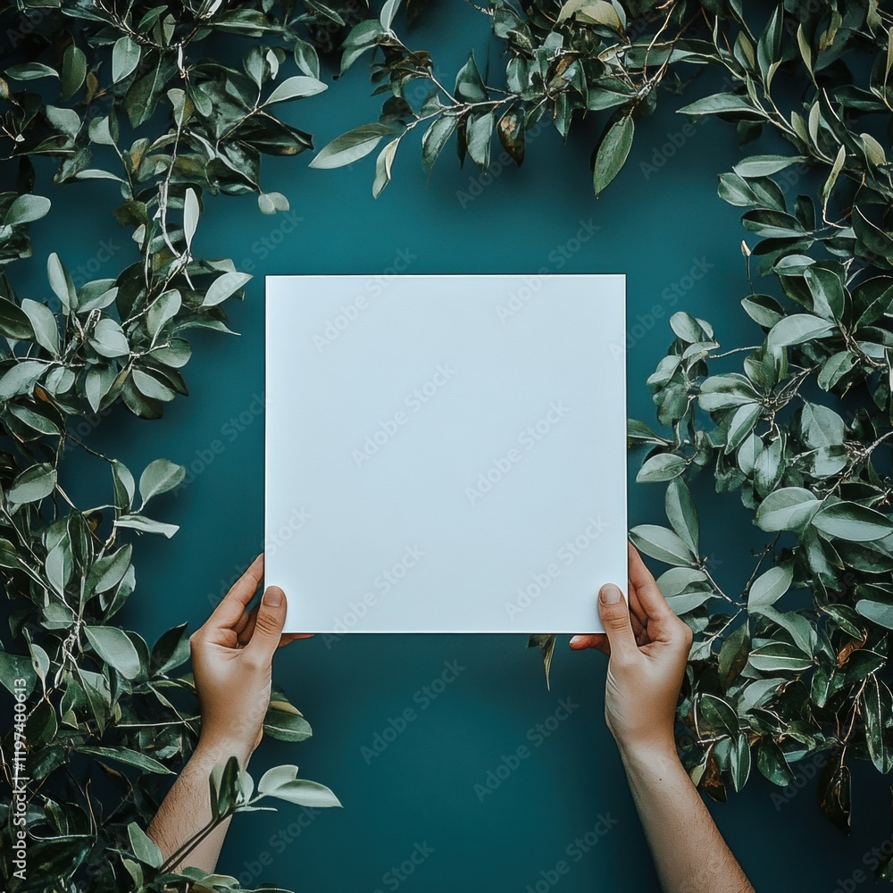 Poster hands holding a blank square paper surrounded by green leafy plants creating a natural frame for tex