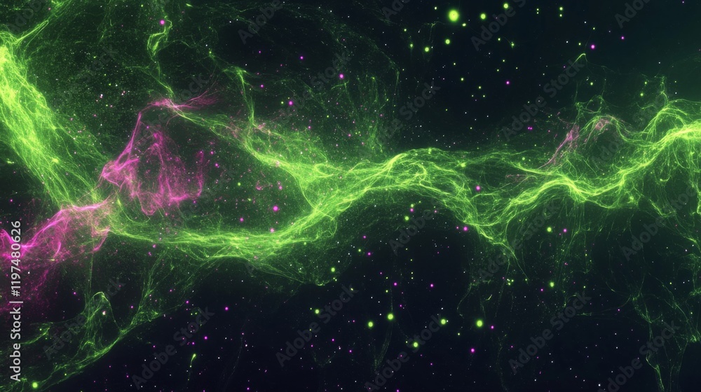 Poster a mesmerizing display of luminous green and pink cosmic dust clouds floating in deep space