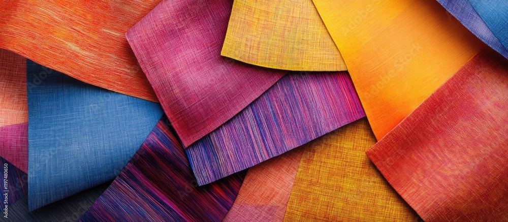 Poster colorful fabric swatches in vibrant hues arranged in layers with varied textures and patterns provid