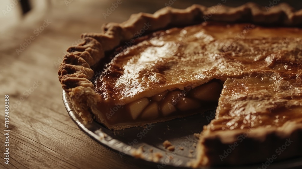 Poster freshly baked apple pie with a slice removed showcasing the golden crust and apple filling on a rust