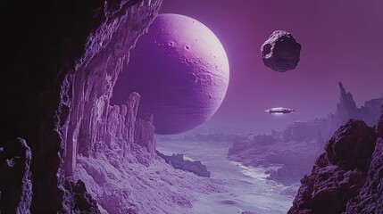 A purple alien planet with huge rocks floating in the sky