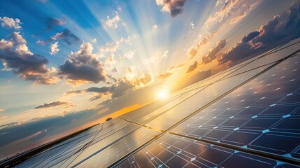 Obraz premium Sunset Solar Panels Energy Field Renewable Power