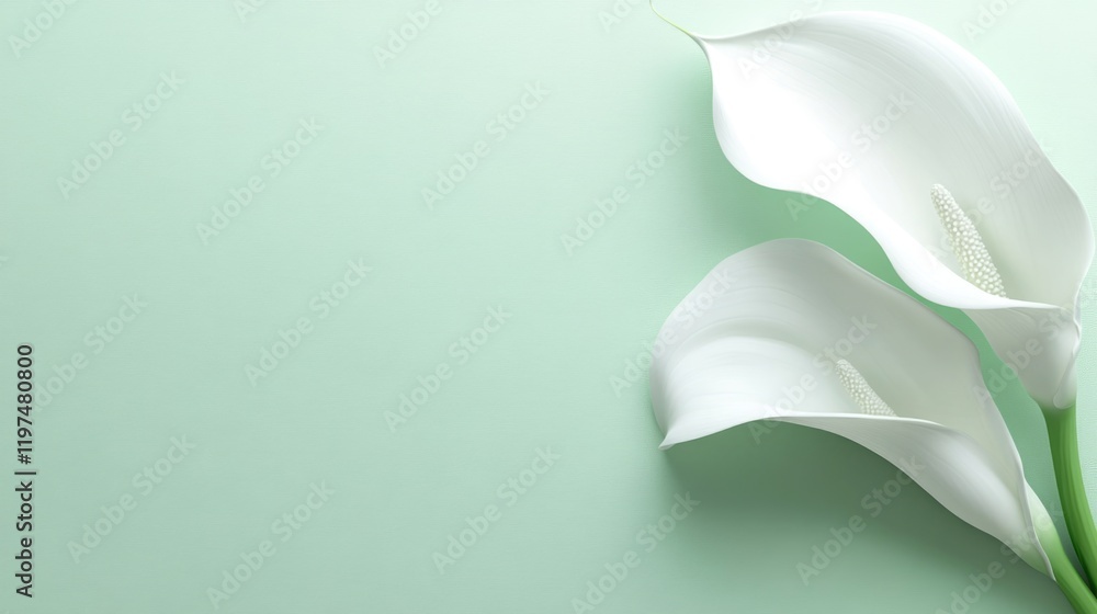 Poster elegant white calla lilies on a soft green background with ample copy space for text or design overl