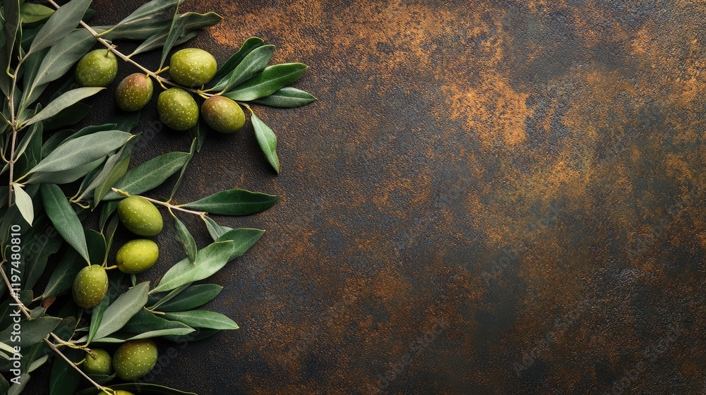 Poster olive branches with ripe and unripe olives on a textured dark background with copy space for text pl