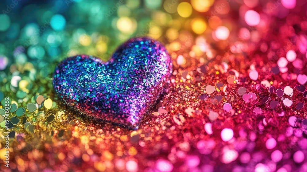 Poster glittering heart on a vibrant rainbow background of sequins and sparkles with copy space for text pl