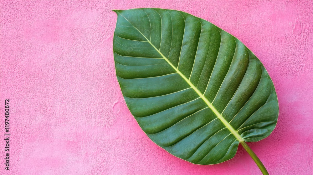 Aufkleber green leaf on a pink background with ample copy space for text placement and design elements in a na