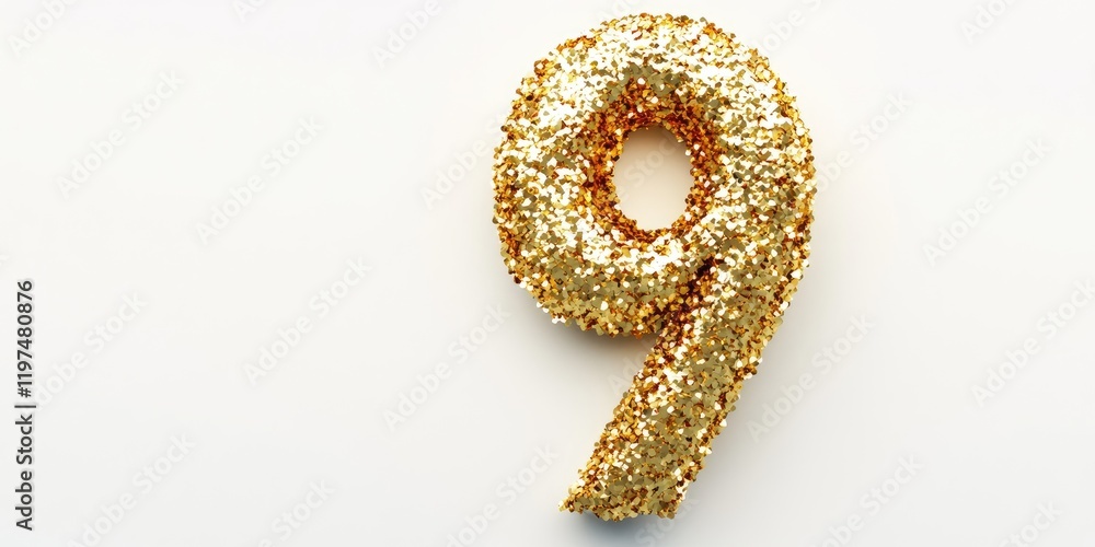 Poster golden glitter number nine on white background with copy space for text or graphic placement.