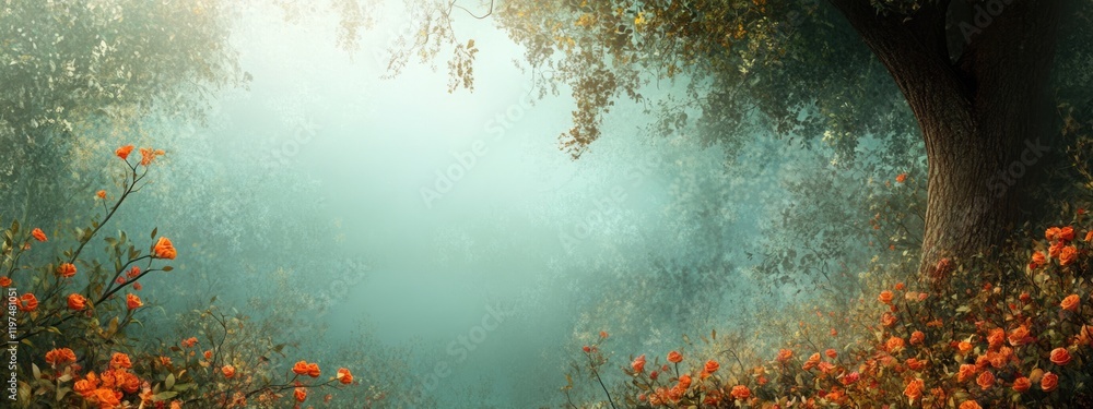 Poster misty forest landscape with vibrant flowers and soft light creating a tranquil atmosphere with ample