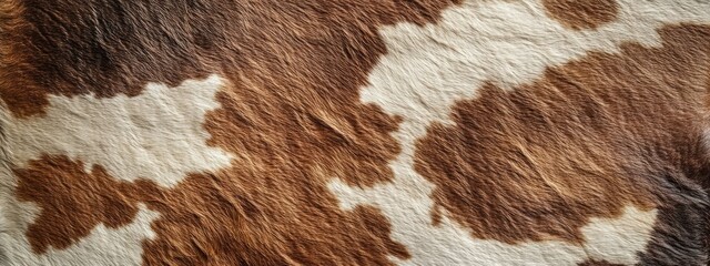 Close-up View of Brown and White Cowhide Texture with Natural Fur Patterns and Copy Space