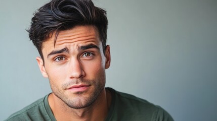 Fototapeta premium Portrait of a young man with styled hair against a soft background with copy space for text or advertising purposes.