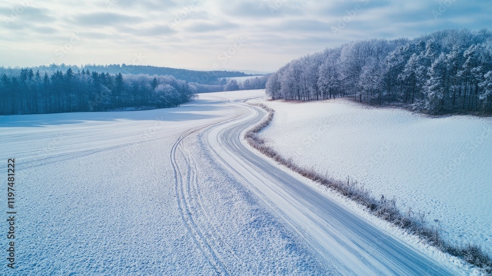Poster aerial view of snowy landscape with winding path through white fields and frosted trees under a clou