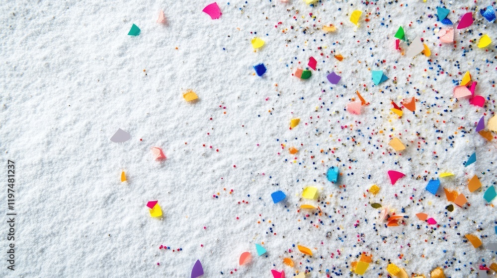 Poster colorful confetti scattered on white background with ample copy space for text or design elements