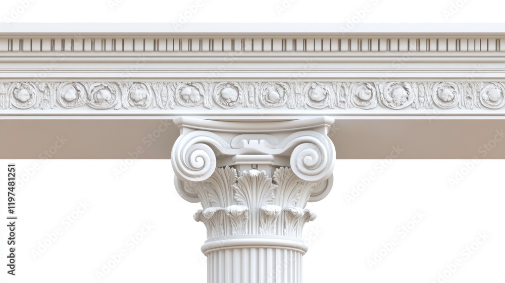 Poster classical architectural column with intricate carvings and decorative frieze on a white background c