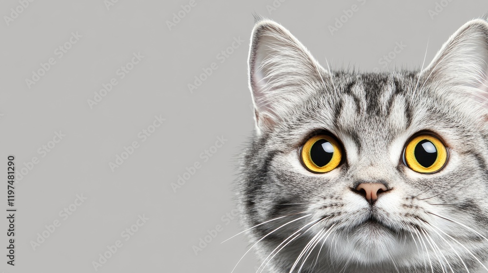 Poster gray tabby cat with large yellow eyes facing forward on a neutral background with ample copy space f