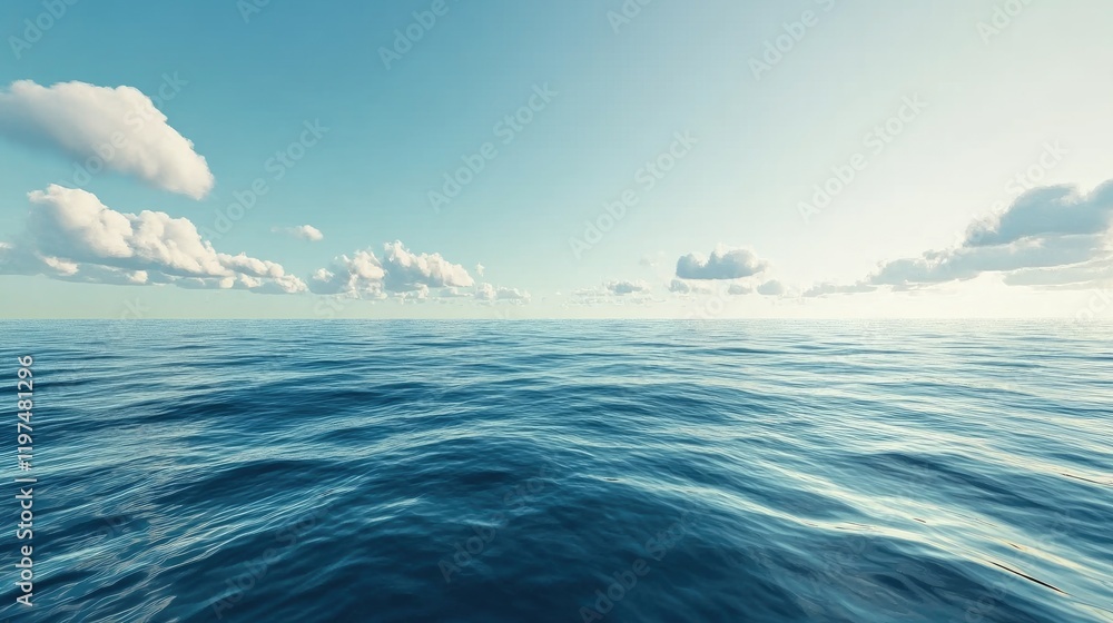 Poster serene ocean view with gentle waves under a clear sky and scattered clouds featuring ample copy spac