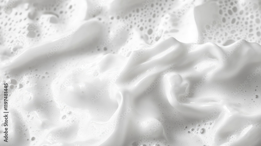 Poster close-up of frothy milk texture with smooth waves and bubbles on a white background suitable for pro