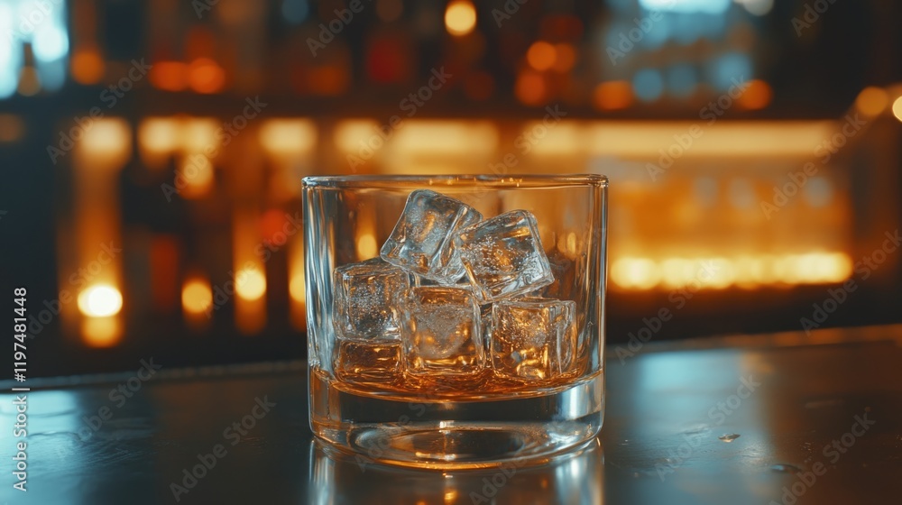 Poster whiskey glass with ice cubes on a bar counter with a blurred illuminated background copy space