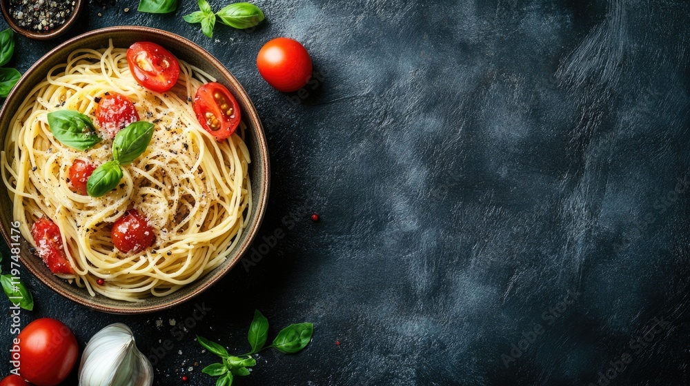 Poster pasta dish with tomatoes and basil against a dark background with copy space for text. ideal for foo