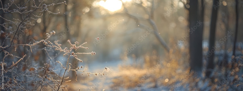 Poster winter morning sunlight filtering through frosty branches in a tranquil forest scene with soft bokeh