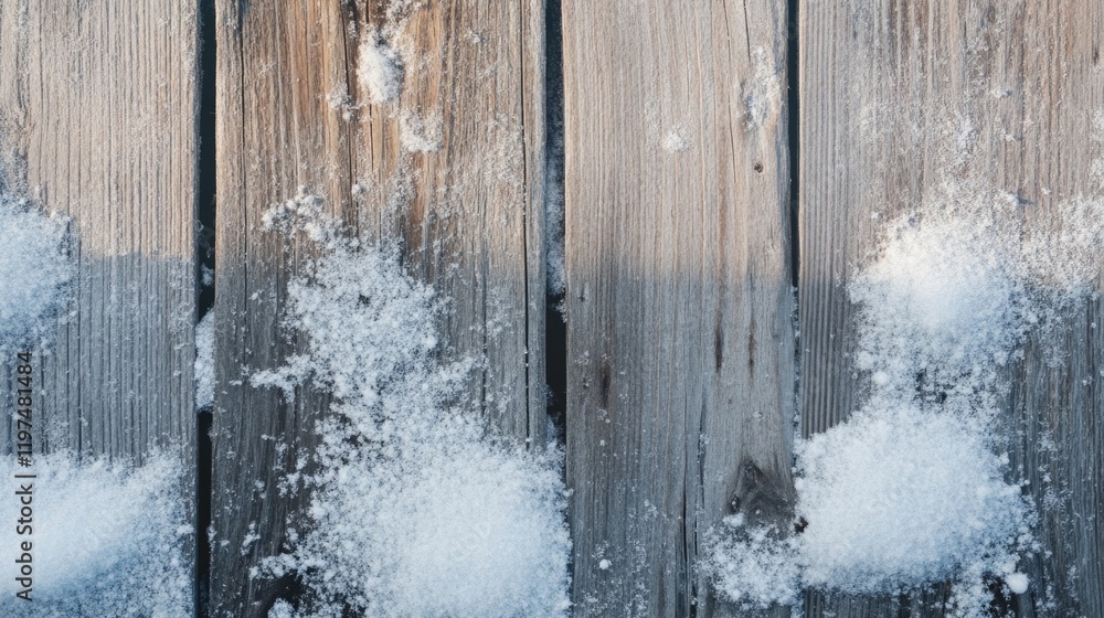 Poster wooden surface covered with patches of snow showcasing winter texture and details with ample copy sp