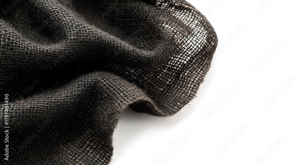 Poster textured black burlap fabric with frayed edges on white background suitable for copy space.