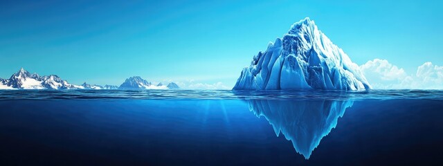 Large iceberg floating in clear blue water showcasing reflections and surrounding mountainous scenery with Copy Space