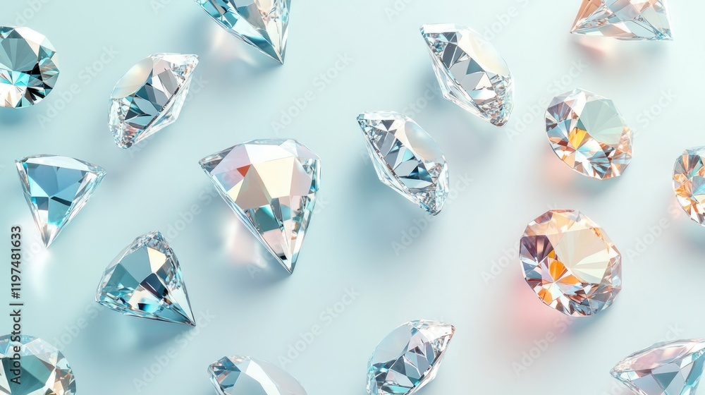 Poster scattered cut diamonds and gemstones on soft blue background with copy space for text insertion