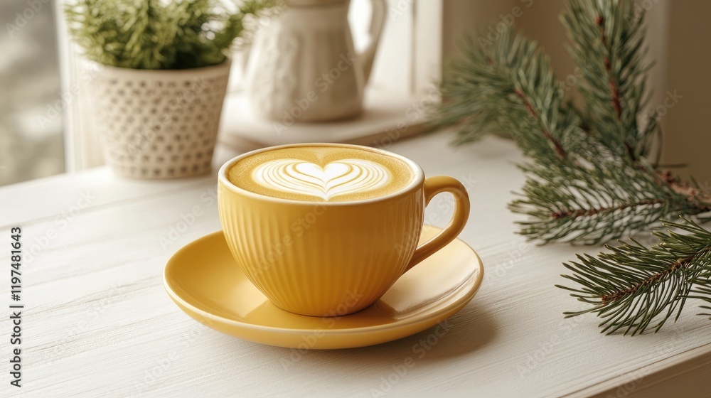 Poster yellow cup of latte with heart pattern on a saucer placed on a wooden table surrounded by greenery a