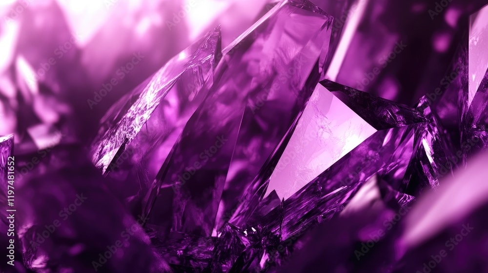 Poster purple amethyst crystal formation with sharp facets and a sparkling surface reflecting light, ideal 