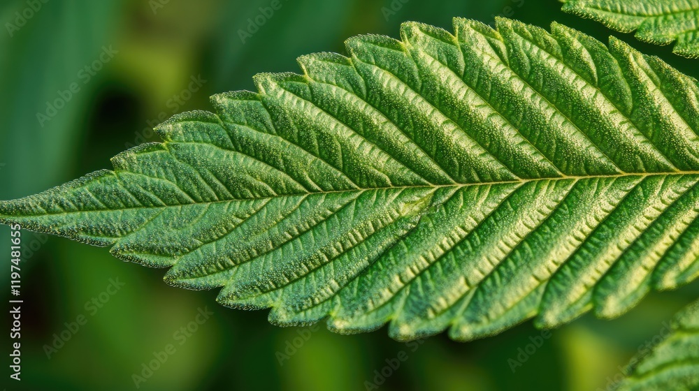 Poster close-up of a green fern leaf showcasing detailed textures and patterns with blurred green backgroun