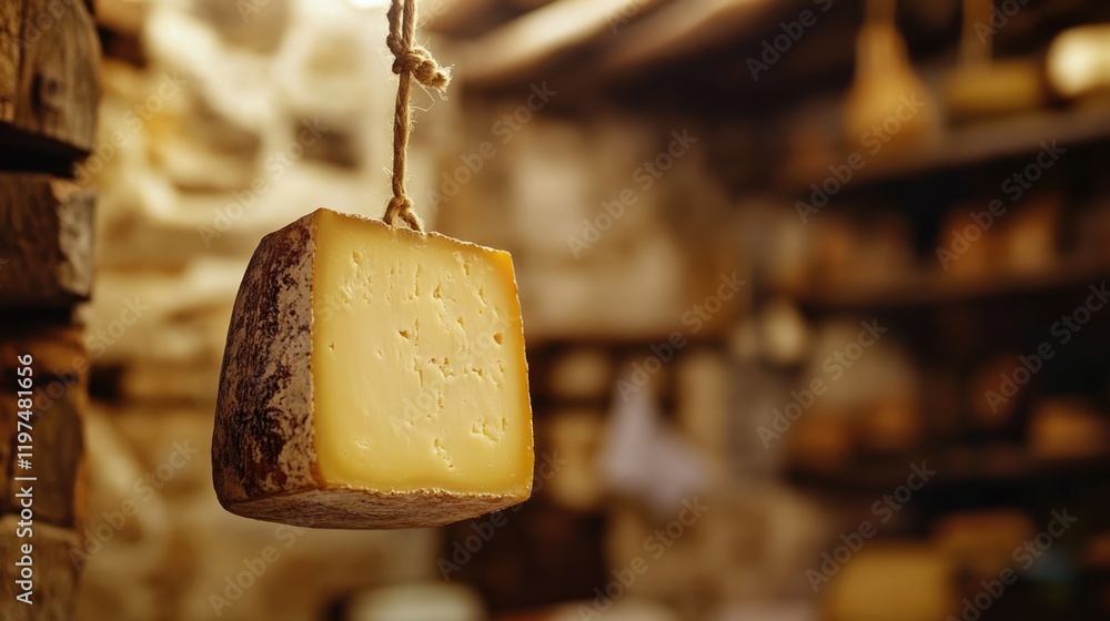 Poster cheese hanging on a string in rustic setting with blurred background and copy space for text placeme