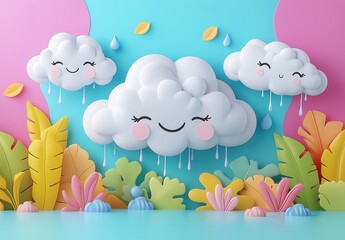 Obraz premium Illustration for kids with cloud with rain over meadow.