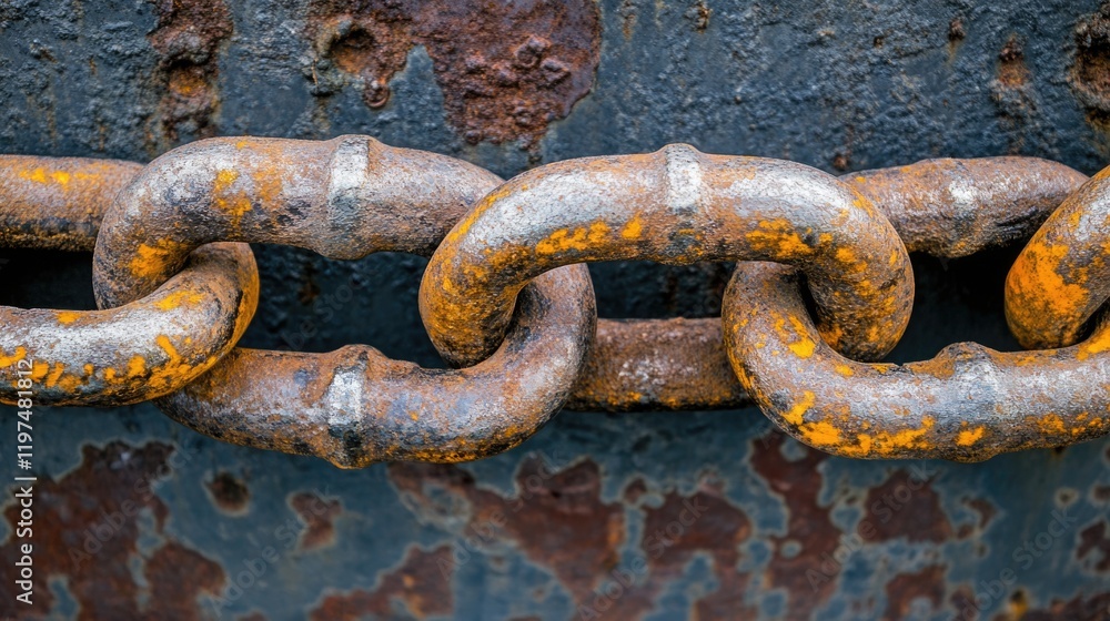 Aufkleber rusty metal chain link close-up on an aged surface with textured background and copy space for desig