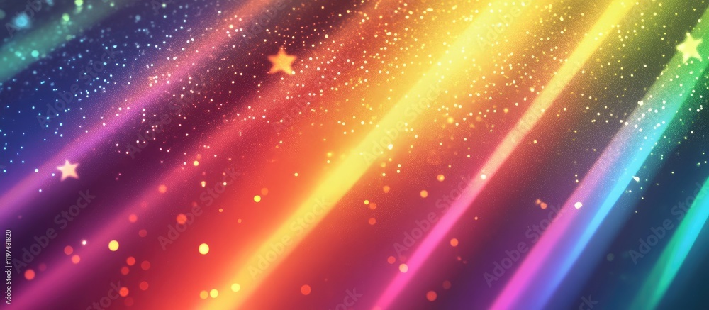Poster colorful abstract background with light rays and sparkling particles featuring stars and vibrant rai