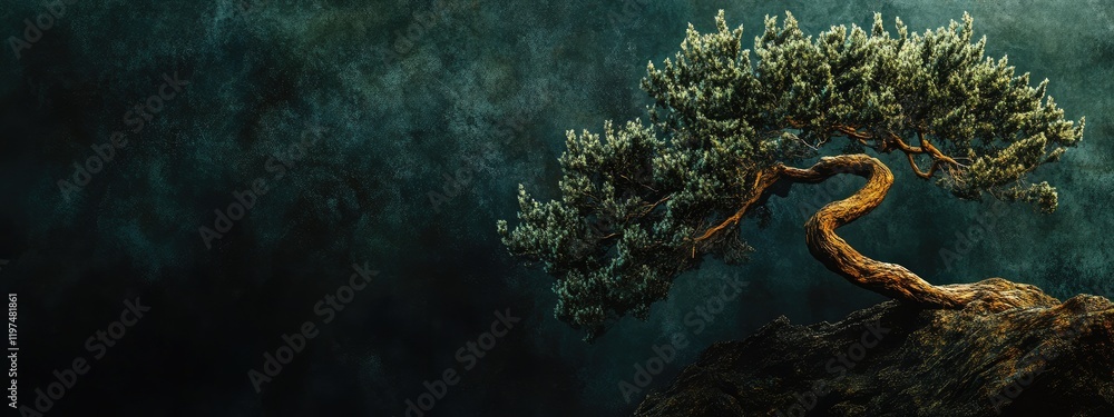 Poster bonsai tree with an artistic dark background showcasing textures and vibrant green foliage with copy
